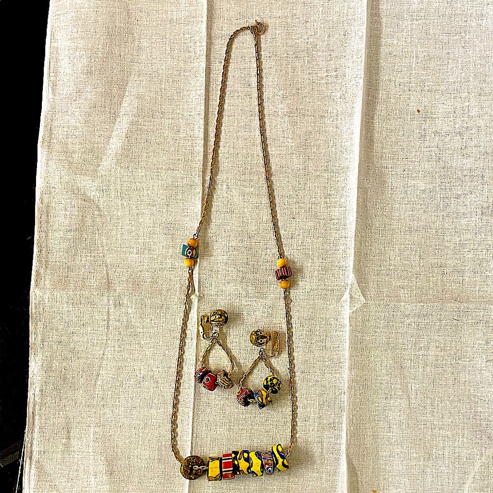 Vtg Venetian Millefiori Beads Goldtone Necklace and Earring Set